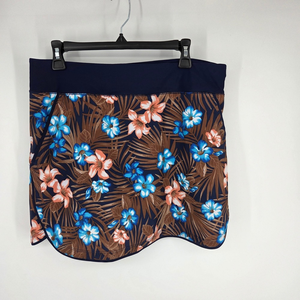 Lands End Womens Navy Tropical Floral Active Skort Built-in Shorts Pockets 12